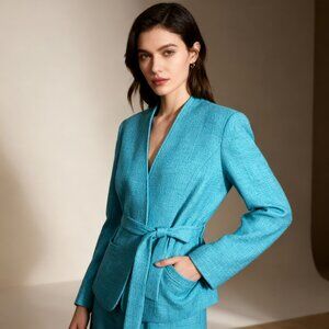 Lafayette 148 Teal Blue Green Tweed Twill Boucle Belted Dress Blazer Jacket 10